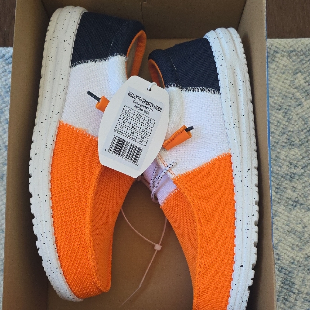 Hey Dude Mens Wally Tri Varsity Orange White Navy Slip-On Knit Sneakers